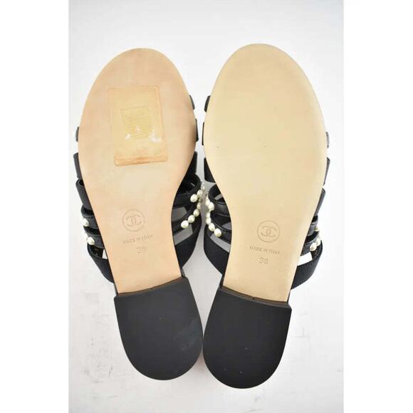 Chanel 20P Black White Pearl Strap CC Logo Slide Slip On Sandal Mule Flat 36 - Picture 9 of 9